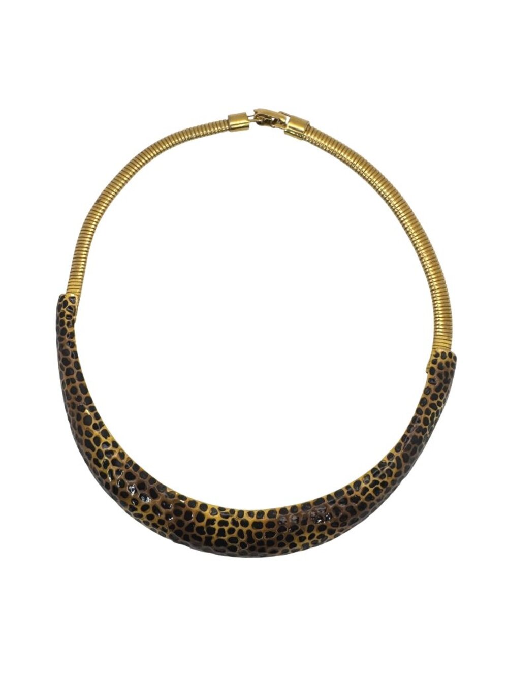 Diane Von Furstenberg Gold Tone Necklace Leopard Print Enamel Choker 16" Vtg